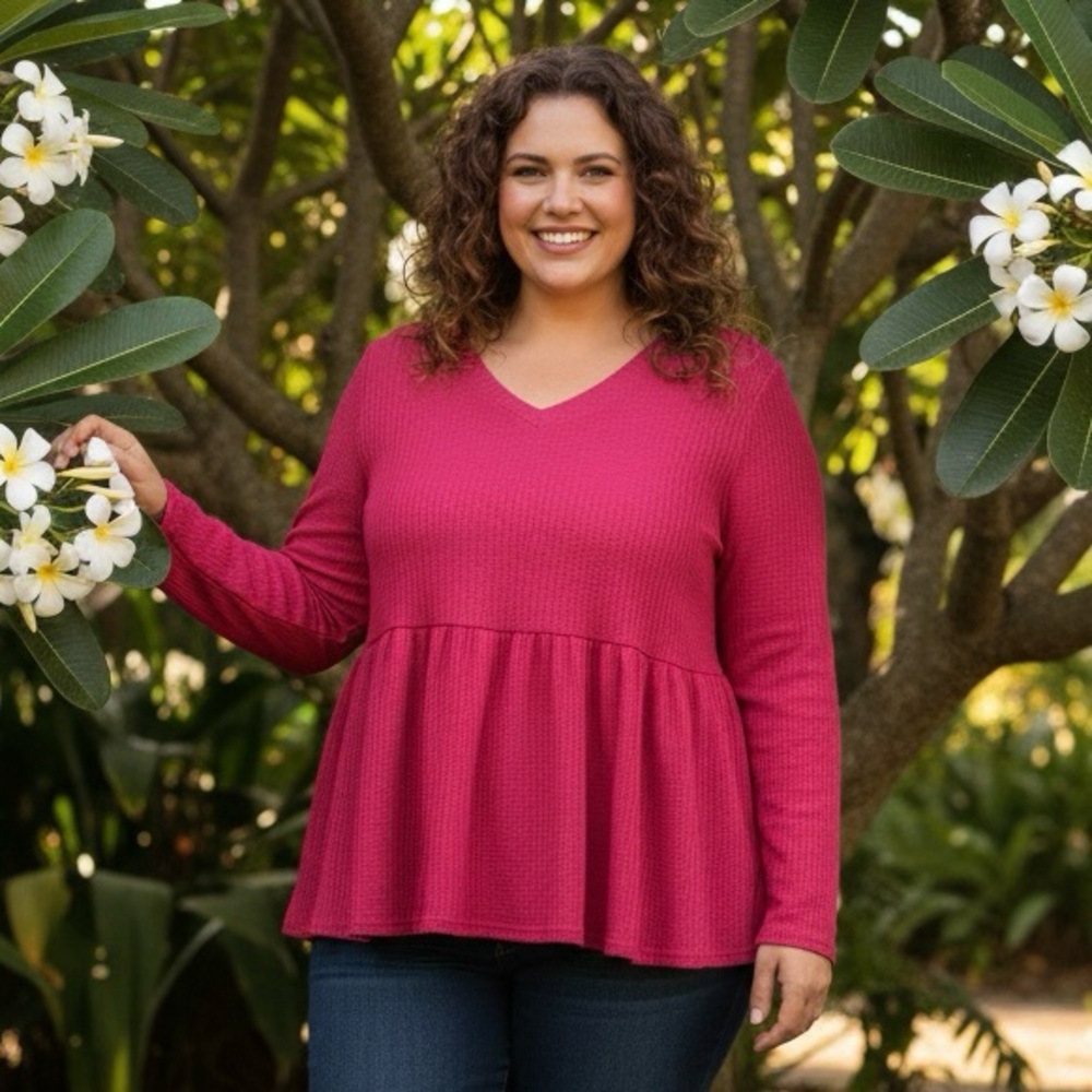 Waffle Knit Babydoll Long Sleeve Top - Raspberry Pink 🌺